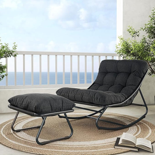 Grand patio Rocking Chair with Foot Stool, Metal Outdoor Rocking Chair with Cushion and Foot Rest, Comfy Lounge Rocker for Living Room Porch Patio, Dark Gray