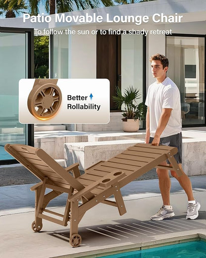 YEFU Chaise Lounge Chairs Set of 2 Outdoor,Pool Lounge Chair with Adjustable Backrest,All Weather Patio Lounge Chair with Cup Holder&Armrest,for Outside,Beach,Deck,Heavy Duty,400lbs Capacity(Teak)