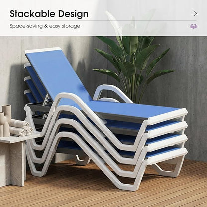 PURPLE LEAF Patio Chaise Lounge Set of 2 Plastic Pool Outdoor Lounge Chair with Armrest Stackable Poolside Tanning Chairs for Beach Deck Yard Sunbathing, Royal Blue