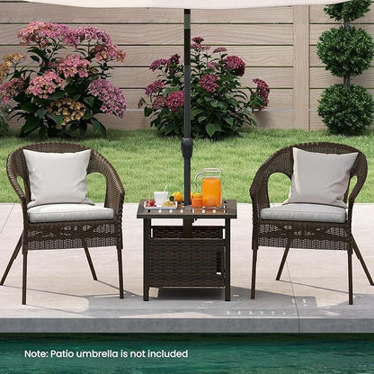 Tangkula Outdoor Table with Hole, Patio Umbrella Table with 2 Sand Bags, 1.93" Umbrella Hole, Metal Frame, PE Wicker, Outdoor Side Table for Garden, Deck and Poolside