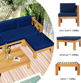 Outdoor Backyard Patio Wood 5-Piece Sectional Sofa Seating Group Set with Cushions, Natural Finish+ Blue Cushions - Photo 6