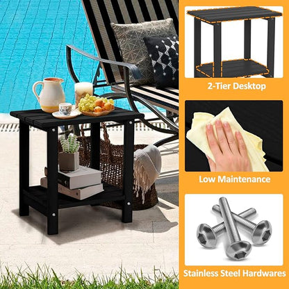 Adirondack Outdoor Side Table with Wood-Like Grain, 16.6" Small Patio End Table, 2-Tier HDPE Plastic Table for Poolside Porch Garden, Weather Resistant & Easy Assembly (Black, Rectangle)