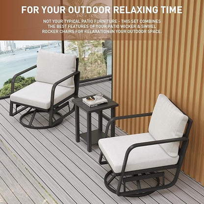Patio Chairs Swivel Rocker Sets: 3Pieces Aluminum Alloy Ensemble 360° Swivel Rocking Chairs, Rust-Resistant Frame Cushions -Perfect for Backyard, Deck, Porch, and Balcony Decoration(2Swivels+1Table)