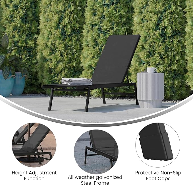 Flash Furniture Brazos Adjustable Chaise Lounge Chair, Outdoor Five-Position Recliner, All Weather, Black/Black - Photo 4