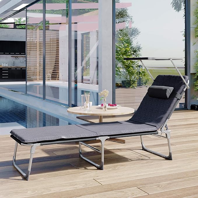 SONGMICS Sun Lounger, Patio Chaise Lounge Chair, Folding, with Canopy, Cushion, 76 x 20.9 x 11.4 Inches, Holds 330 lb, Headrest, Adjustable Backrest, Outdoor Garden Pool, Dark Gray UGCB19UMV1