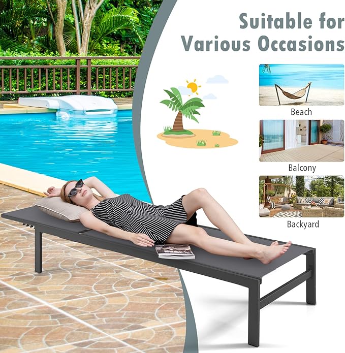 Giantex Patio Chaise Lounge Chair, Outdoor Sunbathing Chair Lawn Reclining Lounger with 6 Adjustable Position, Aluminium Frame, Outside Tanning Chairs for Deck,Yard, Pool Lounge Chairs (2, Gray)