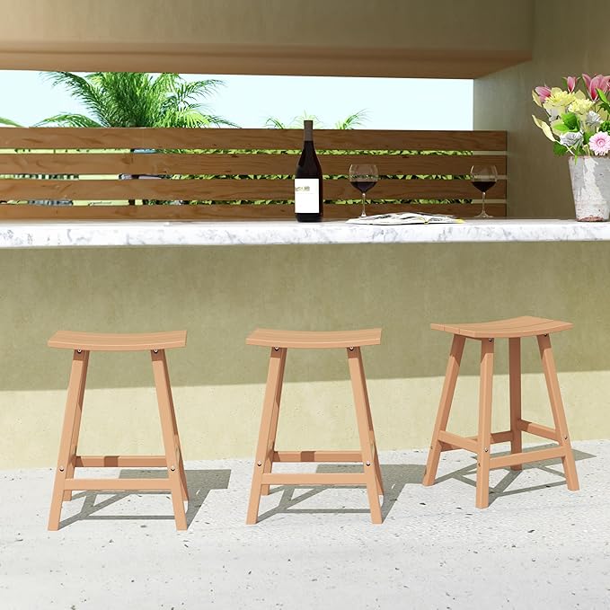Costaelm All-Weather Bar Stools Set of 3, 24" Height Outdoor Bar Stools, Adirondack Poly Patio Bar Stool for Patio, Deck, Kitchen Counter and Garden, Teak