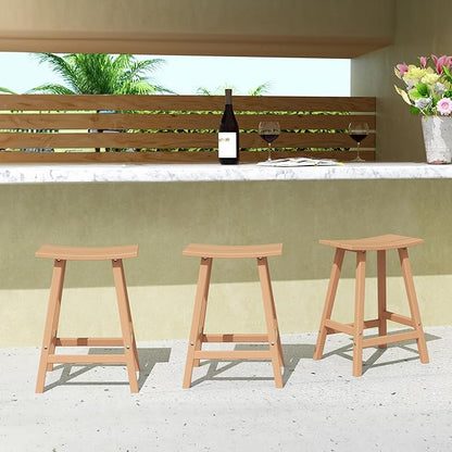 Costaelm All-Weather Bar Stools Set of 3, 24" Height Outdoor Bar Stools, Adirondack Poly Patio Bar Stool for Patio, Deck, Kitchen Counter and Garden, Teak