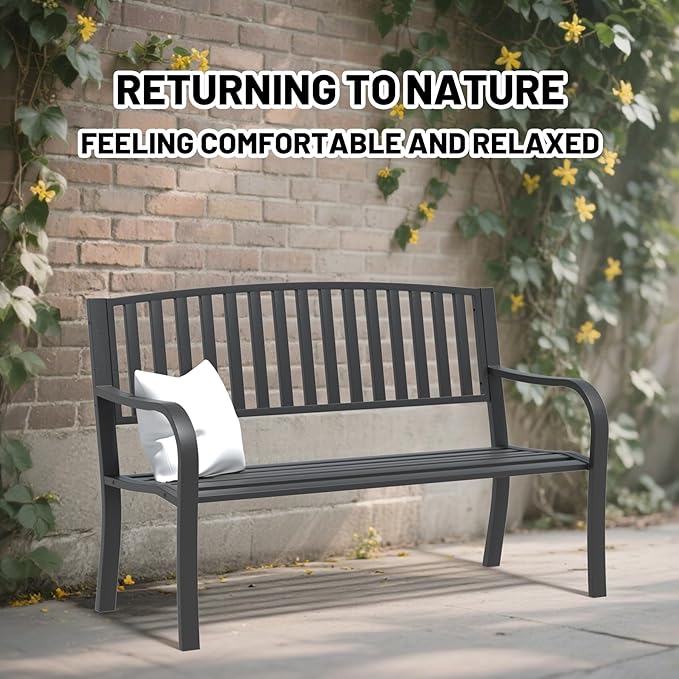 YLGJ&TIDY 50 Inches Garden Benches for Outdoor Patio Bench with Stripe Pattern Backrest Armrest Weatherproof Park Benches Metal Bench for Garden Park Porch Lawn Yard (BENCH08)