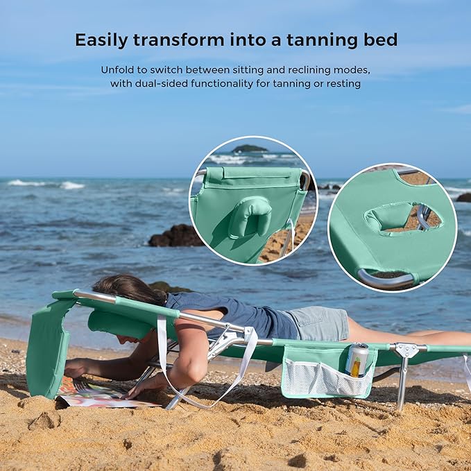 SUNNYFEEL Beach Lounge Chair, Aluminum Tanning Chair with Face Hole, Foldable Lounge Chair Outdoor, Sun Tanning Chair with Backpack Straps for Outdoor/Picnic/Lawn