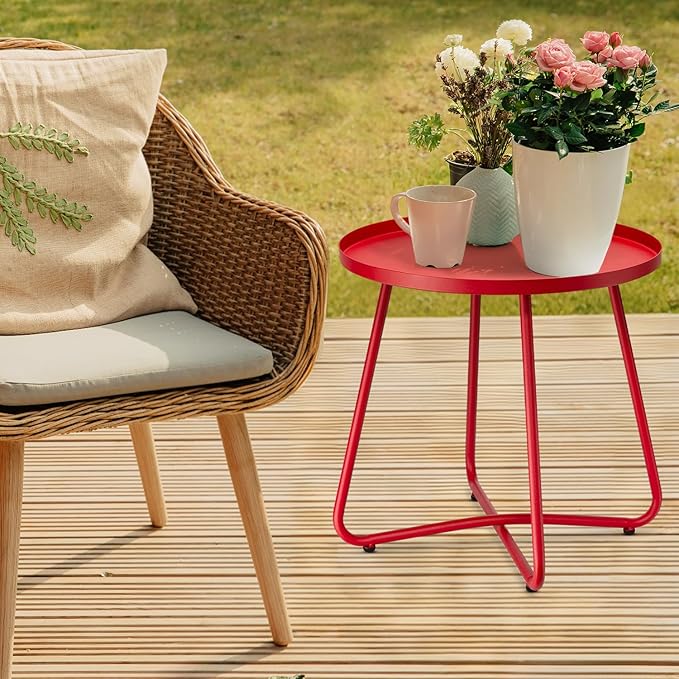 danpinera Outdoor Side Tables, Weather Resistant Steel Patio Side Table, Small Round Outdoor End Table Metal Side Table for Patio Yard Balcony Garden Bedside (Red)