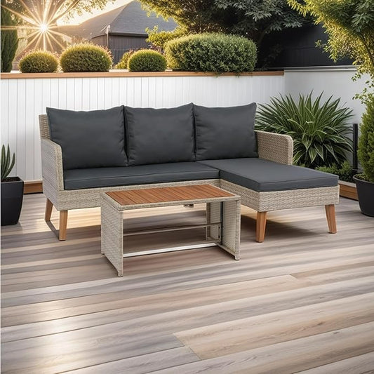 Quarte 3 Piece Outdoor Patio Wicker Sectional Sofa,L-Shaped Seating Group Conversation Sets with Acacia Wood Table for Porch Lawn Garden Backyard Poolside
