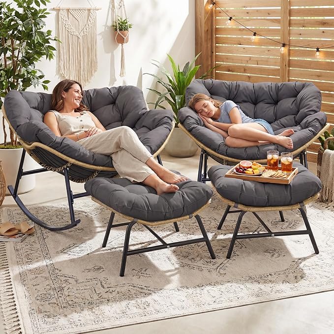 NICESOUL Outdoor Rocking Papasan Chair Set of 2 with Cushions, Comfy Oversized Padded Rockers - Photo 5