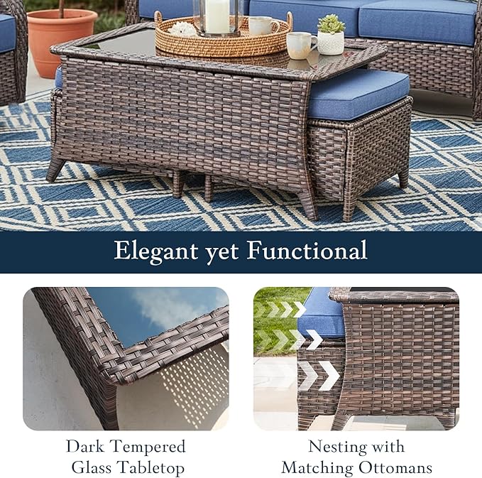 Outdoor Patio Wicker Coffee Table, All-Weather Rattan Coffee Table with Black Tempered Glass Top, Patio Rectangle Coffee Table for Porch, Yard, Garden, Brown Wicker