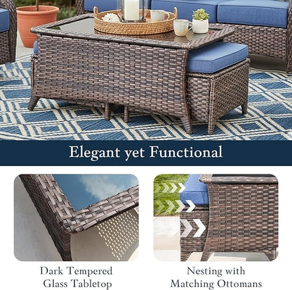 Outdoor Patio Wicker Coffee Table, All-Weather Rattan Coffee Table with Black Tempered Glass Top, Patio Rectangle Coffee Table for Porch, Yard, Garden, Brown Wicker