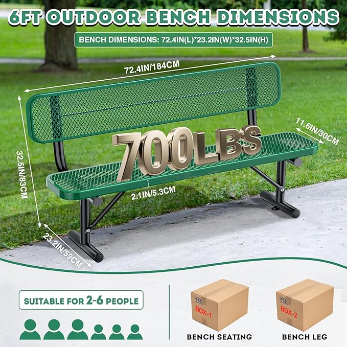 Heavy-Duty Park Bench for Outside - Black Coated Outdoor Furniture Steel Bench, Commercial-Grade Outdoor Benches Weatherproof for Park, Patio, Porch (Portable with Back, 4/6/8 Ft) (Green, 6FT)