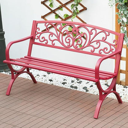51.18" Outdoor Bench with Flower Pattern Backrest & Arch Legs, Cast Iron Metal Garden Bench Sturdy Steel Frame Patio Bench Slatted Seat, for Work Entryway Park Porch Lawn Yard