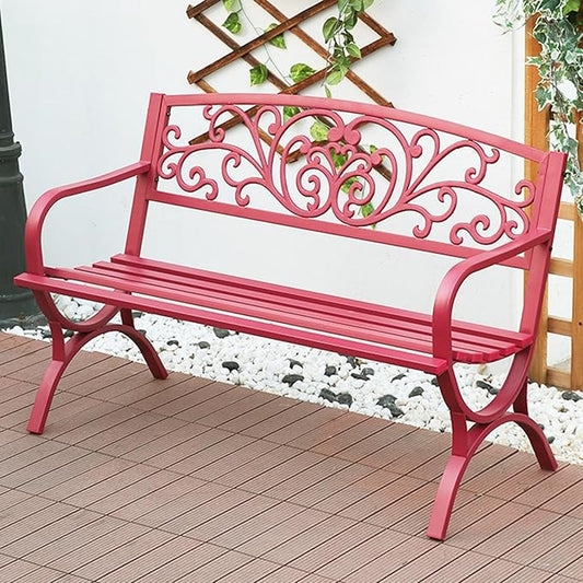 51.18" Outdoor Bench with Flower Pattern Backrest & Arch Legs, Cast Iron Metal Garden Bench Sturdy Steel Frame Patio Bench Slatted Seat, for Work Entryway Park Porch Lawn Yard