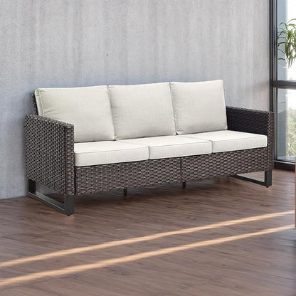 Rilyson Wicker Outdoor Couch Patio Sofa - 3 Seater Rattan Outdoor Patio Couch with Waterproof Wicker,Comfortable Cushions and Sturdy Metal Frame for Outside Porch Deck Backyard(Brown/Beige)