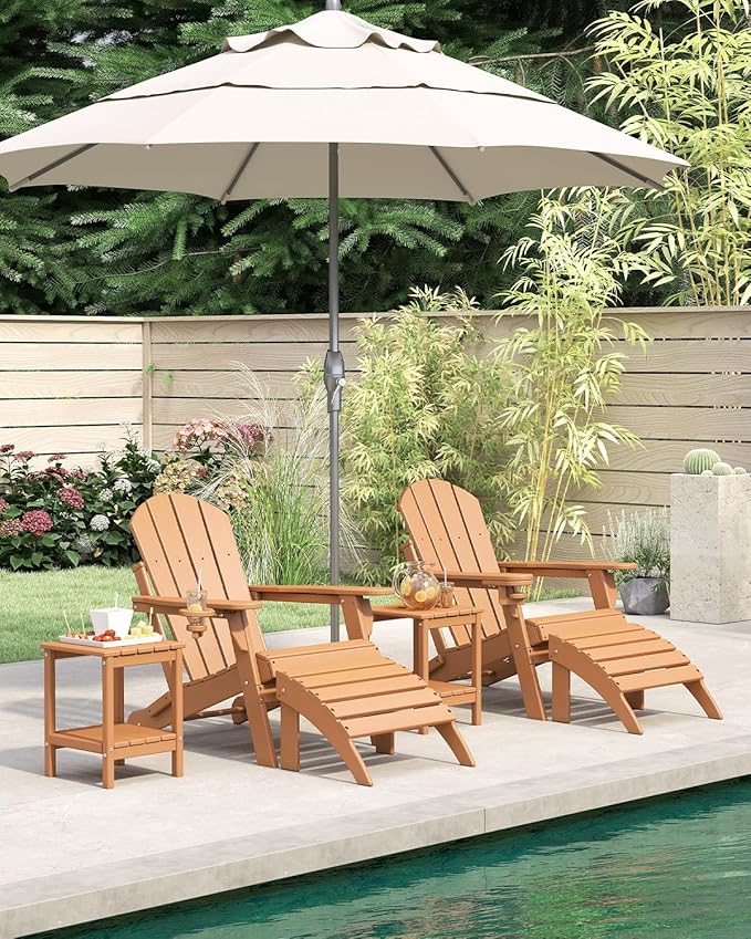 BRIOPAWS Folding-Adirondack-Chairs Set of 4 | HDPE | Fire Pit Chair | Cup Holder | Weather Resistance | Teak | for Outdoor Backyard Deck Patio
