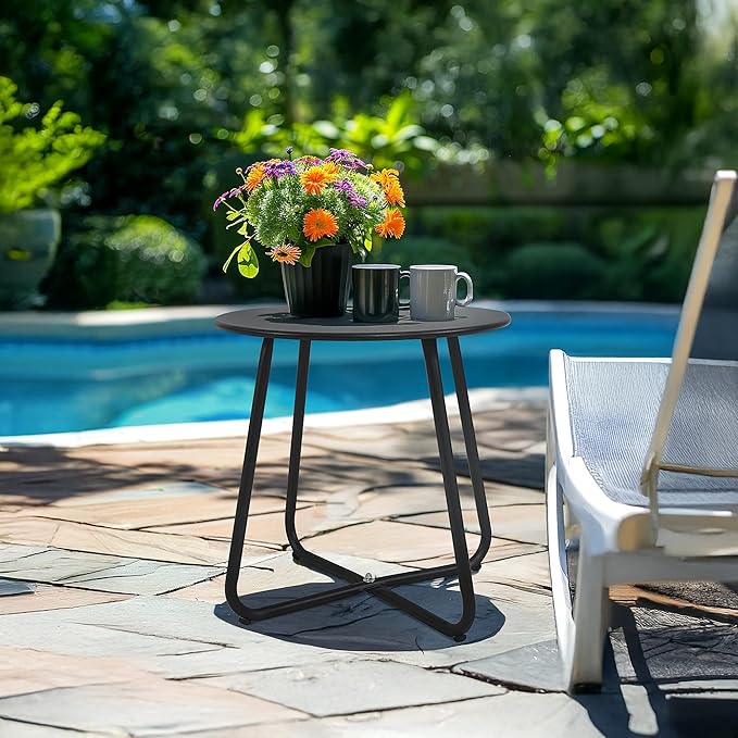 EortheX Small Round Metal Coffee Side Birstro Table – Sturdy & Weather-Resistant Accent Table for Patio, Balcony Indoor Outdoor Use - Metal Black