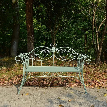 Outdoor Green Metal Garden Bench - Double Seat with Decorative Cast Iron Backrest, Perfect for Patio, Yard, Porch, Balcony & Sunroom Furniture.