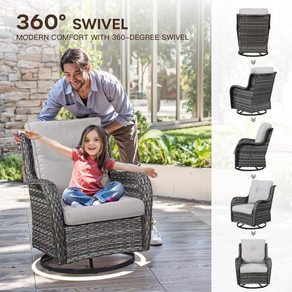 Patio Loveseat Glider Set, Resin Wicker Loveseat Glider with 2 Swivel Patio Chiars and Coffee Table, 4 Piece Patio Bistro Set Furniture Set Loveseat Set, Grey Wicker | Grey Cushions