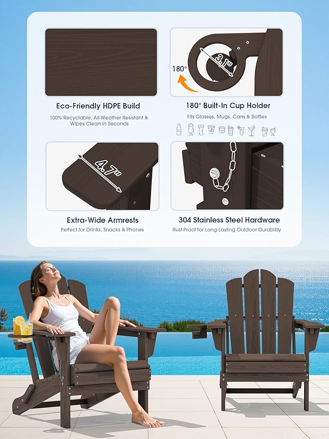 KINGYES Adjustable Folding Adirondack Chair Set of 2, 3-Position Reclining Adirondack Chairs with Cup Holder - Photo 5