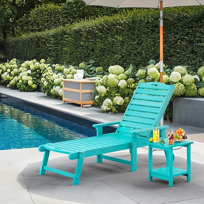LUE BONA Lounge Chair Outdoor, HDPS Chaise Lounge Outdoor with Wheels, 5 Positions Adjustable Pool Lounger Chairs for Outside, Patio, Aruba Blue
