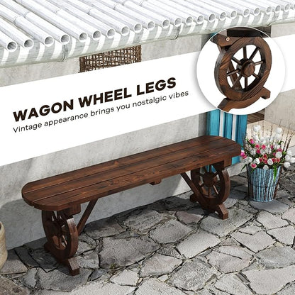 HAPPYGRILL Patio Wood Bench Outdoor Rustic Wagon Wheel Bench w/Carbonized Finish & Fir Construction, 2-Person Wooden Outdoor Bench for Patio, Garden, Porch, Park