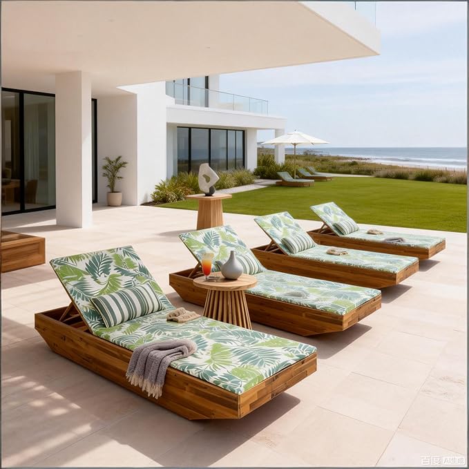 Acacia Wood Chaise Lounge with 2-Fold Thin Cushion - Teak Finish Outdoor Recliner with Dark Gray Water-Repellent Cushion, 79.6" L x 29" W, 300 lbs