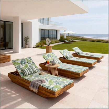 Acacia Wood Chaise Lounge with 2-Fold Thin Cushion - Teak Finish Outdoor Recliner with Dark Gray Water-Repellent Cushion, 79.6" L x 29" W, 300 lbs