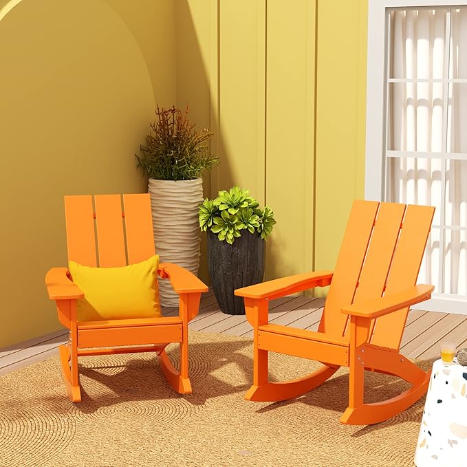 WO WESTIN OUTDOOR HDPE Shoreside Modern Rocking Poly Adirondack Chair (Set of 2),Orange