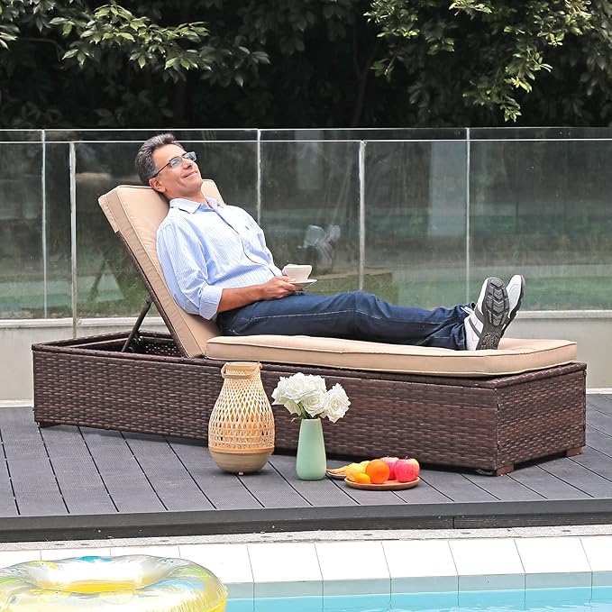Patiorama Outdoor Patio Lounge Chair, Elegant Reclining Adjustable Pool Rattan Chaise Chair with Beige Cushion, Brown PE Wicker, Steel Frame, Set of 2