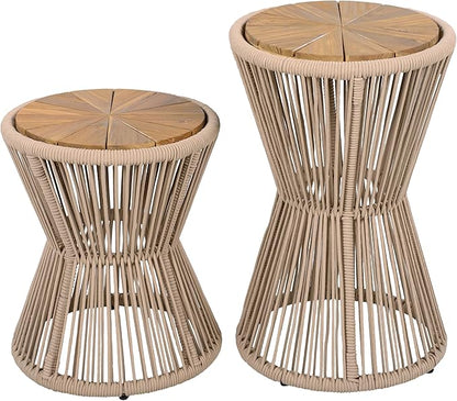 Christopher Knight Home Nara Acacia Wood Outdoor Side Table Set of 2, Hourglass Shaped with Metal Frame+Woven Rope, Outdoor End Table, Garden Plant Stand Indoor, No Assembly Needed, Beige+Light Teak
