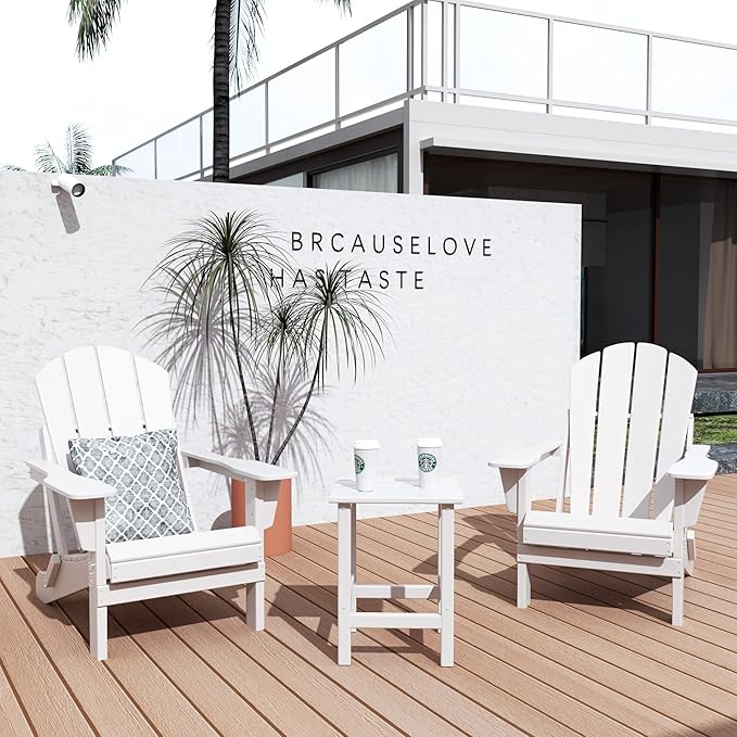 WO WESTIN OUTDOOR HDPE Laguna 3PC Outdoor Poly Adirondack Chair Set with Side Table, White