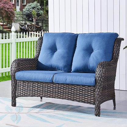 HUMMUH 4 Piece Patio Conversation Furniture Set PE Wicker Rattan Outdoor Loveseat Sofa,Patio Chairs,Coffee Table for Garden,Poolside,Backyard,Deck