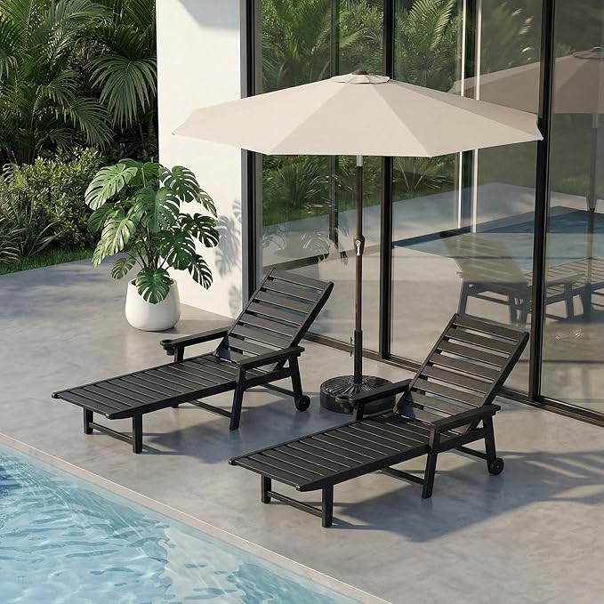 5-Position Adjustable Lounge Chair Outdoor Set of 2 with Umbrella, HDPE Outdoor Chaise Lounge with Cup Holder & Wheels - Photo 1