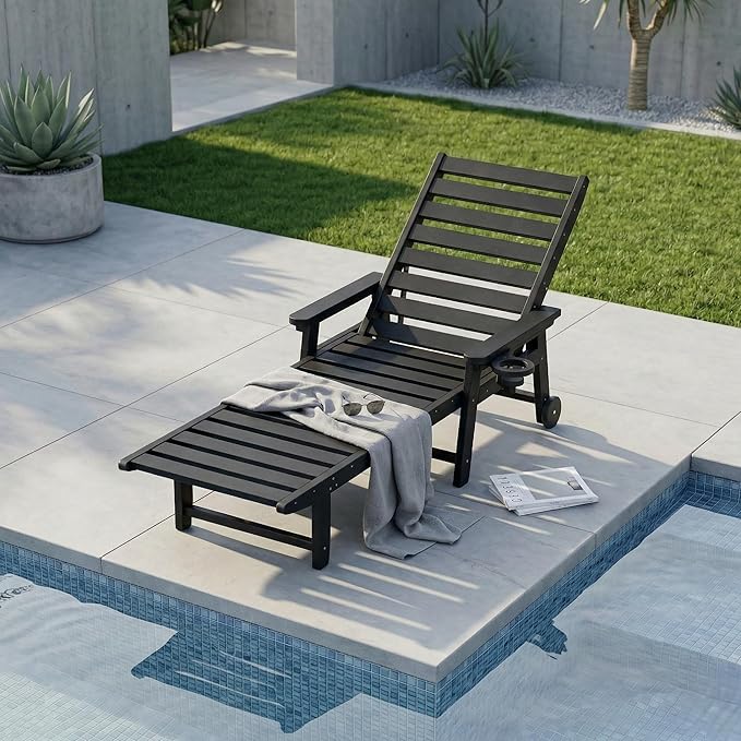 5-Position Adjustable Lounge Chair Outdoor, HDPE Outdoor Chaise Lounge with Cup Holder & Wheels, Pool Lounge Chairs for Poolside, Beach, Deck, Black
