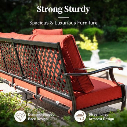 Metal Patio Furniture Sofa with 5.75" Extra Thick Waterproof Cushion, 3-Seater Deep Seat & High-Back Outdoor Couch All Weather Outdoor Seating for Backyard Deck Front Porch, Rust Red
