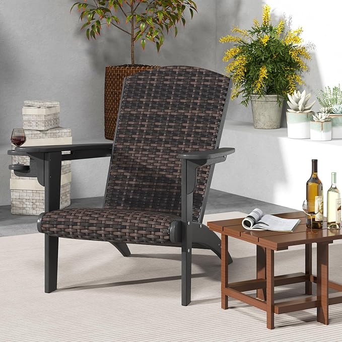 Tangkula Patio Wicker Adirondack Chair, HDPE Lounge Chair w/Rattan Padded Seat & Back, Wide Armrests & Hidden Cupholder, Outdoor All-Weather Adirondack Fire Pit Chair for Backyard, Lawn (1, Black)