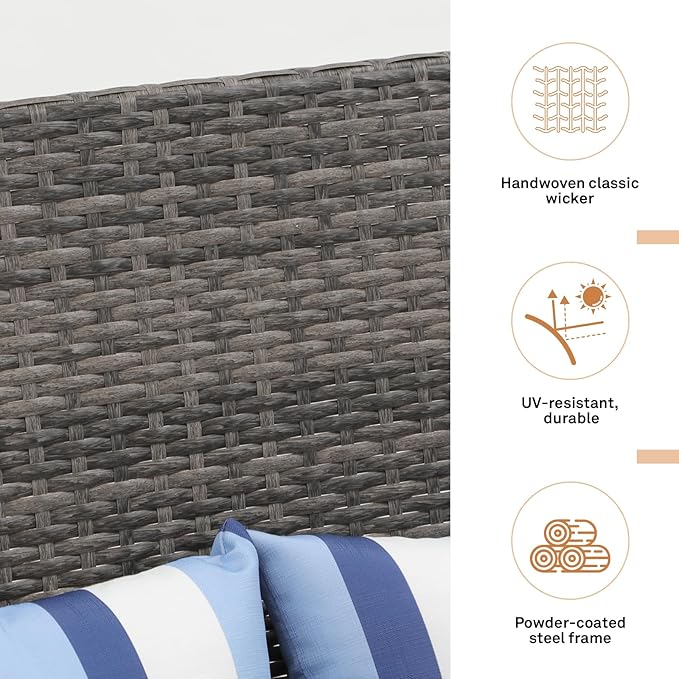 SUNSITT Outdoor Furniture 3 Seats Patio Couch, Outdoor Wicker Sofa, Grey PE Wicker with Blue Cushions & Lumbar Pillows - Photo 6