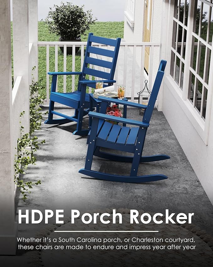 GREENVINES Outdoor-Rocking-Chair | HDPE Plastic | Patio Rockers | Porch Rocker Chairs | Shaker | Oversized | High Ladder Back | Big & Tall | PentaLuxe | Blue