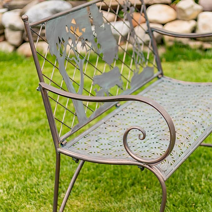 Classic Iron Garden Bench with Nature Scenery (Cow & Windmill Backrest in Bronze)
