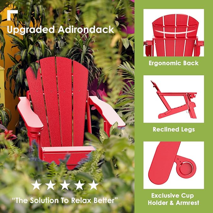 GREENVINES Adirondack-Chairs-with-Ottoman | Set of 4 | Folding | Retractable-Footrest | HDPE Plastic - Photo 3