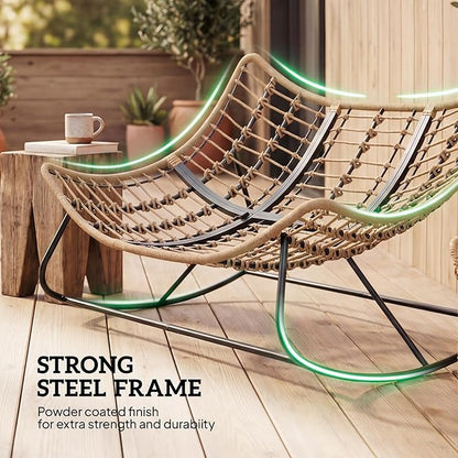 Outsunny Double Papasan Rocking Chair, Wicker Oversized Indoor Outdoor Rocking Chair with Cushion, PE Rattan Padded Outdoor Rocker Egg Chairs for Living Room, Garden, Patio, Balcony, Gray