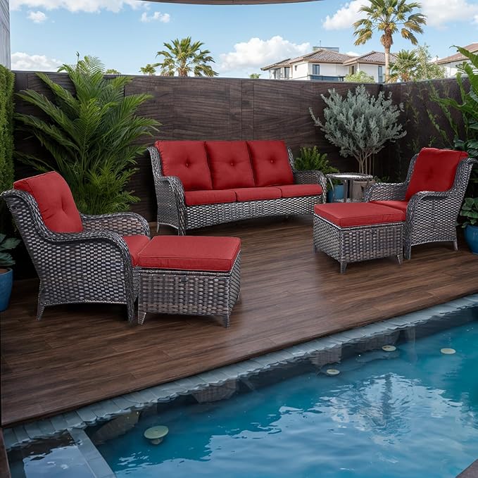 HUMMUH 6 Pieces Patio Furniture Set Wicker Patio Chairs Set of 2 with Sofa Ottomans Side Table Outdoor Furniture - Photo 1