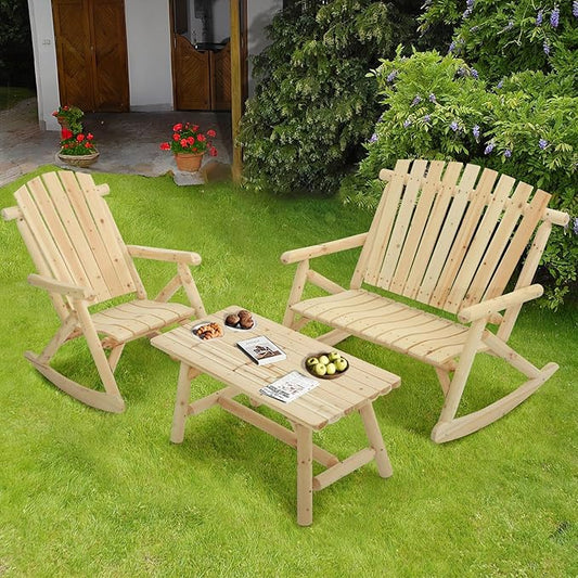 3-Piece Outdoor Wood Rocking Bistro Set, Rustic Wooden Conversation Set Including 2-Seater Loveseat, Log Rocker Chair and Coffee Table, Patio Furniture Chair Set for Lawn Yard Park, Natural