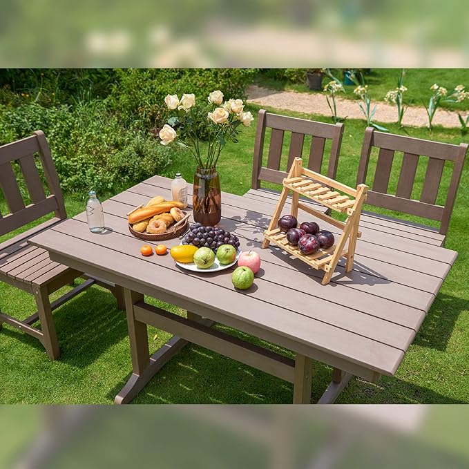 Psilvam Outdoor Dining Table, 6-Person Poly Lumber Patio Table, Weather Resistant Outdoor Table That Never Rust, Suitable for Garden & Backyard, Net Weight 90 LBs (59" D x 31 1/2" W x30 H, Brown)