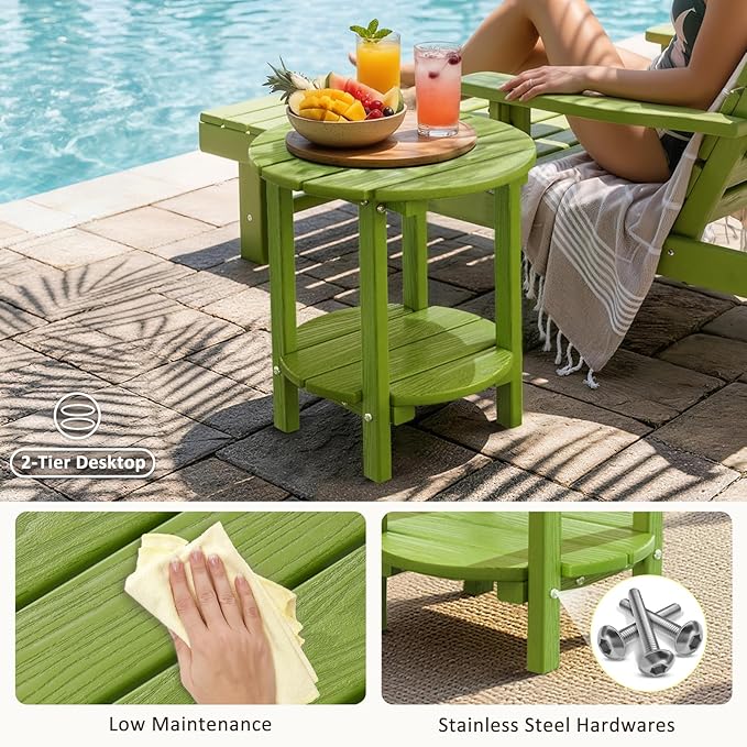 2 Tier Round Outdoor Side Table with Wood-Like Grain, HDPE Adirondack Table Patio Side Table, Weather Resistant End Table for Pool, Patio & Porch, Small Outdoor Table (Lime, Round)